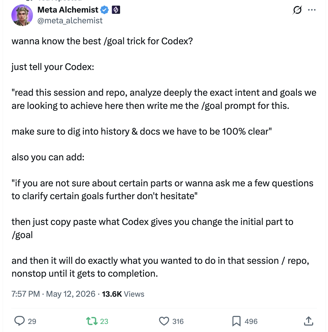 Meta Alchemist tweet — /goal trick for Codex