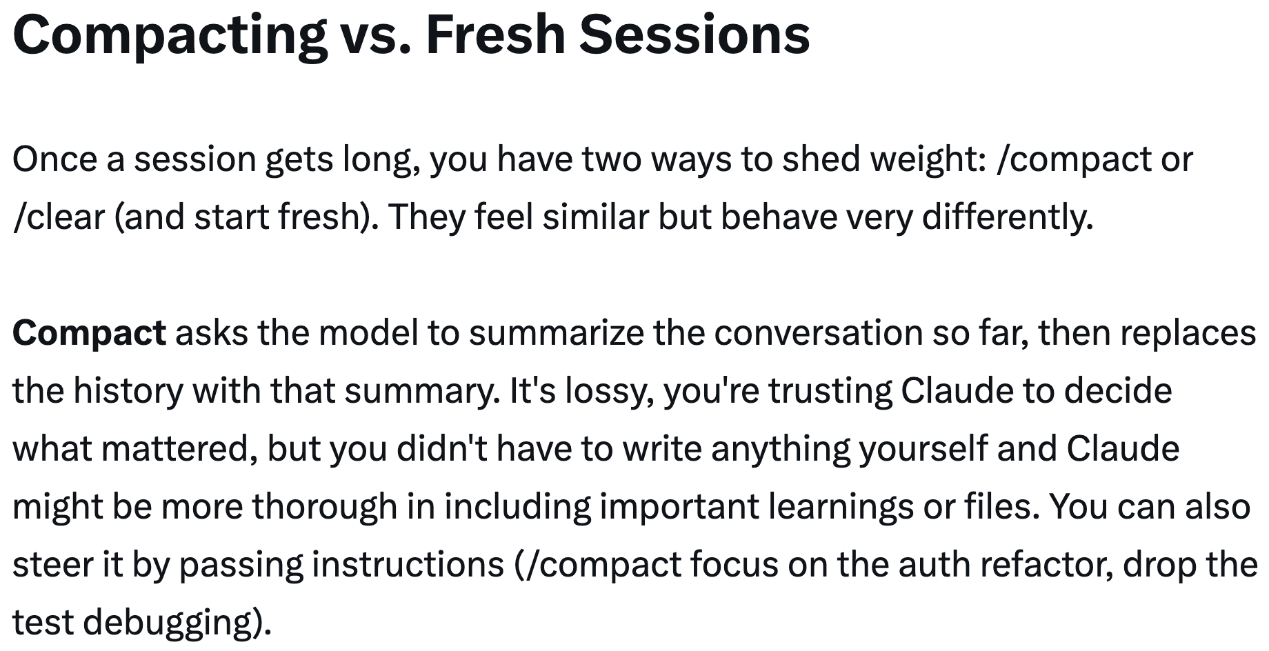 Compacting vs fresh sessions
