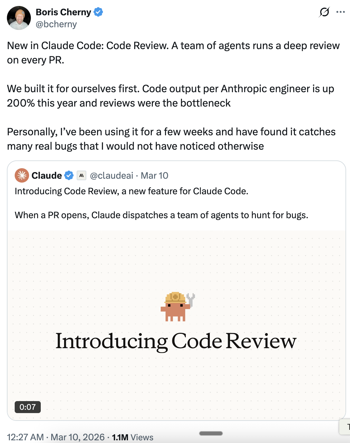 Boris Cherny announcing Code Review