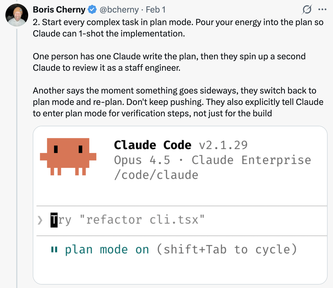 Start every complex task in plan mode