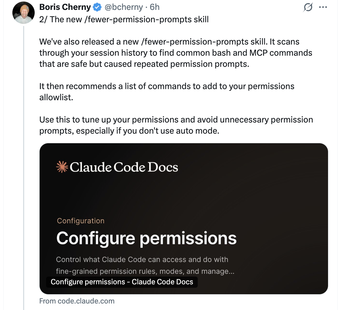 Boris Cherny on /fewer-permission-prompts skill