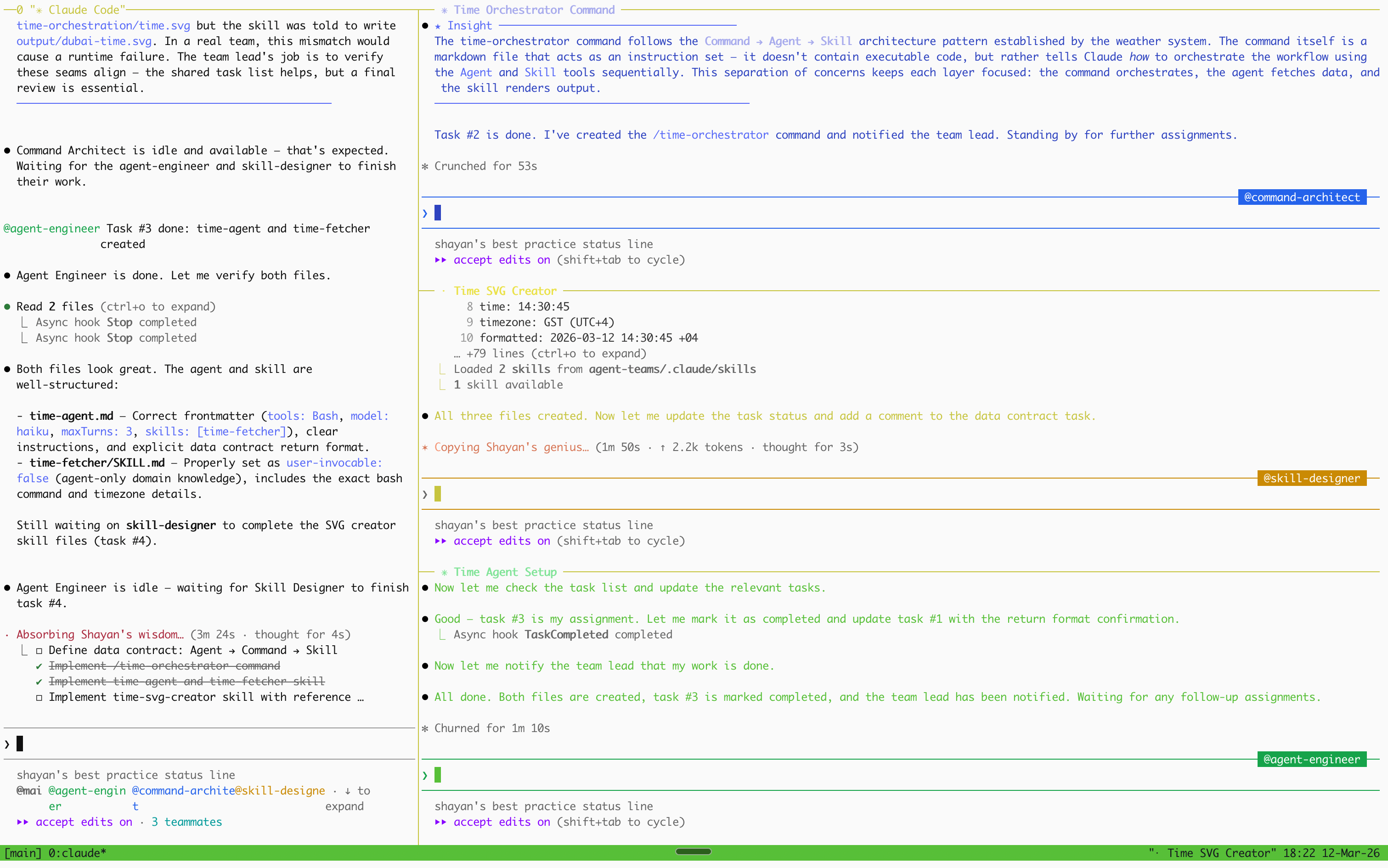 Agent Teams in action — split pane mode with tmux
