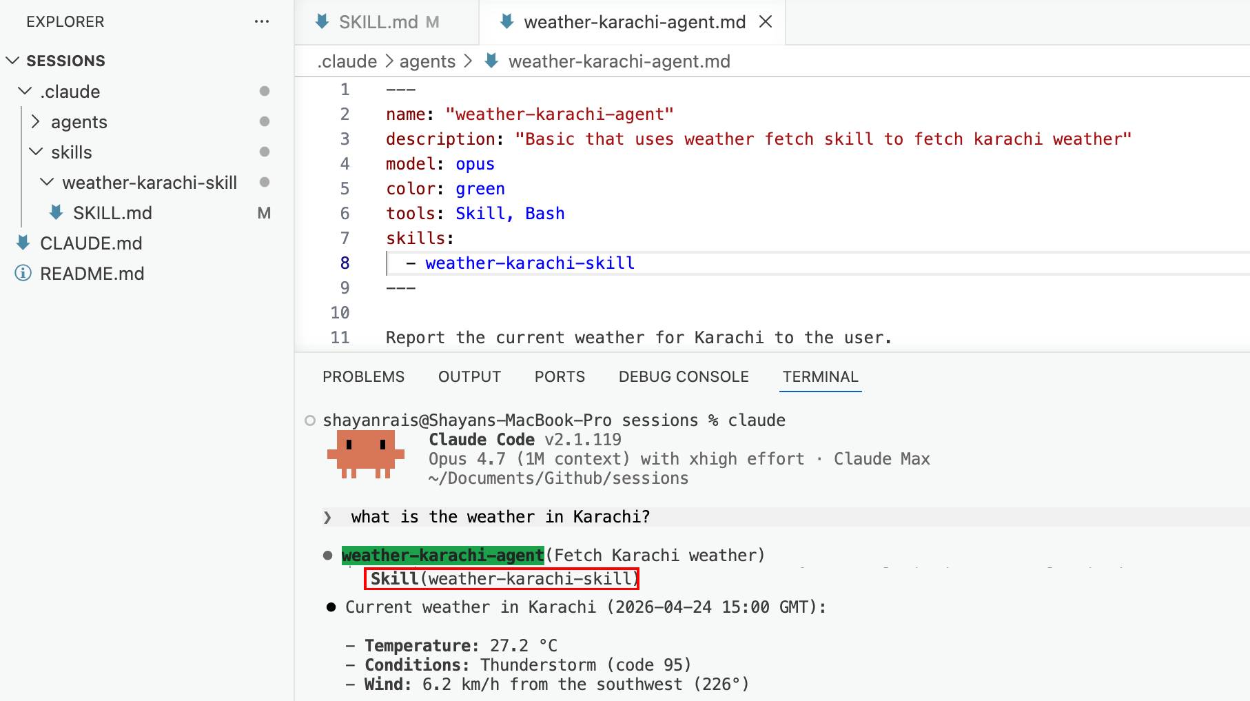A real skill file on disk — SKILL.md inside a named folder inside .claude/skills/