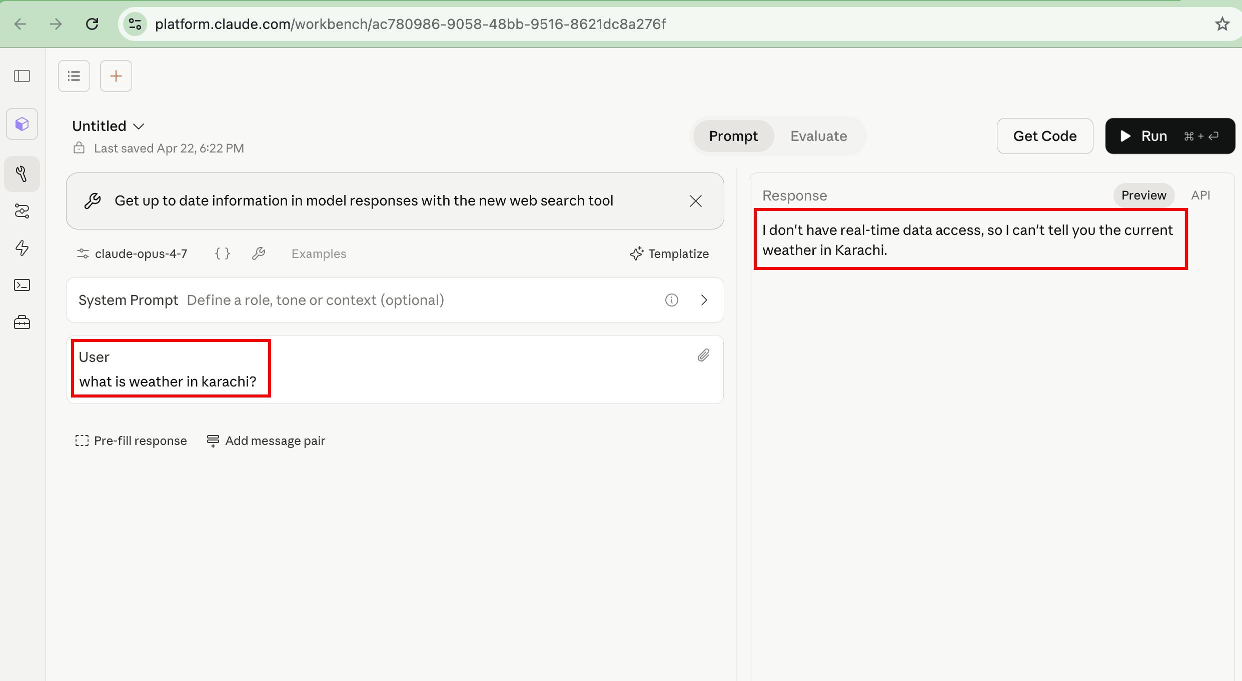 Anthropic Workbench screenshot showing the model refusing a real-time weather query