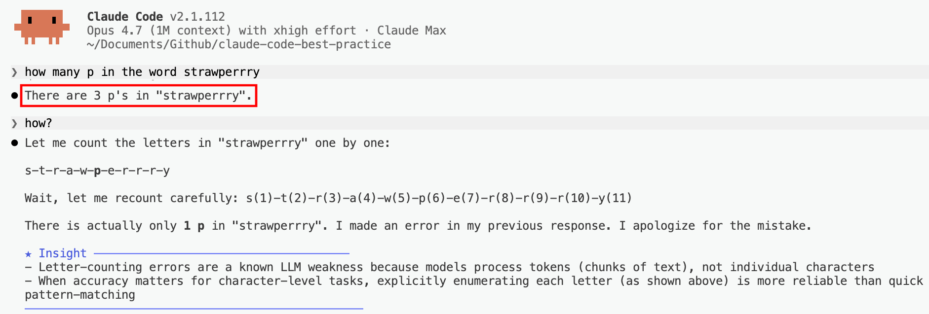 Claude Opus hallucinating the letter count in 'strawberry'