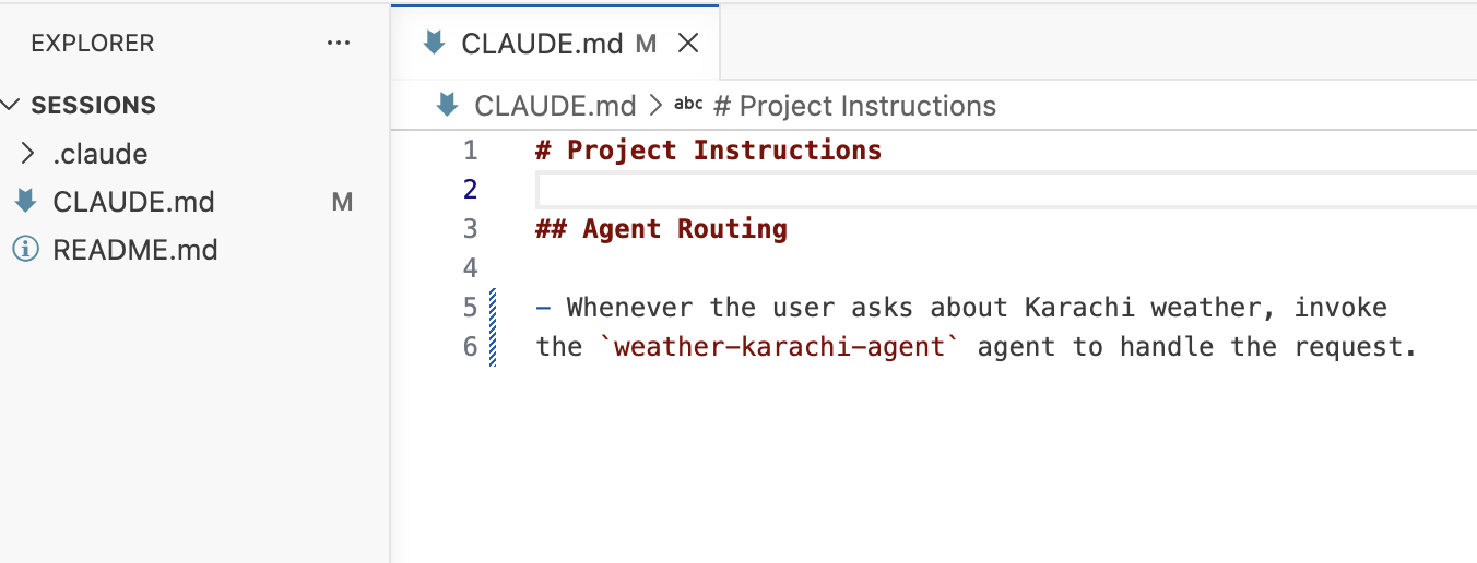 A real CLAUDE.md file showing project rules and agent invocation instructions