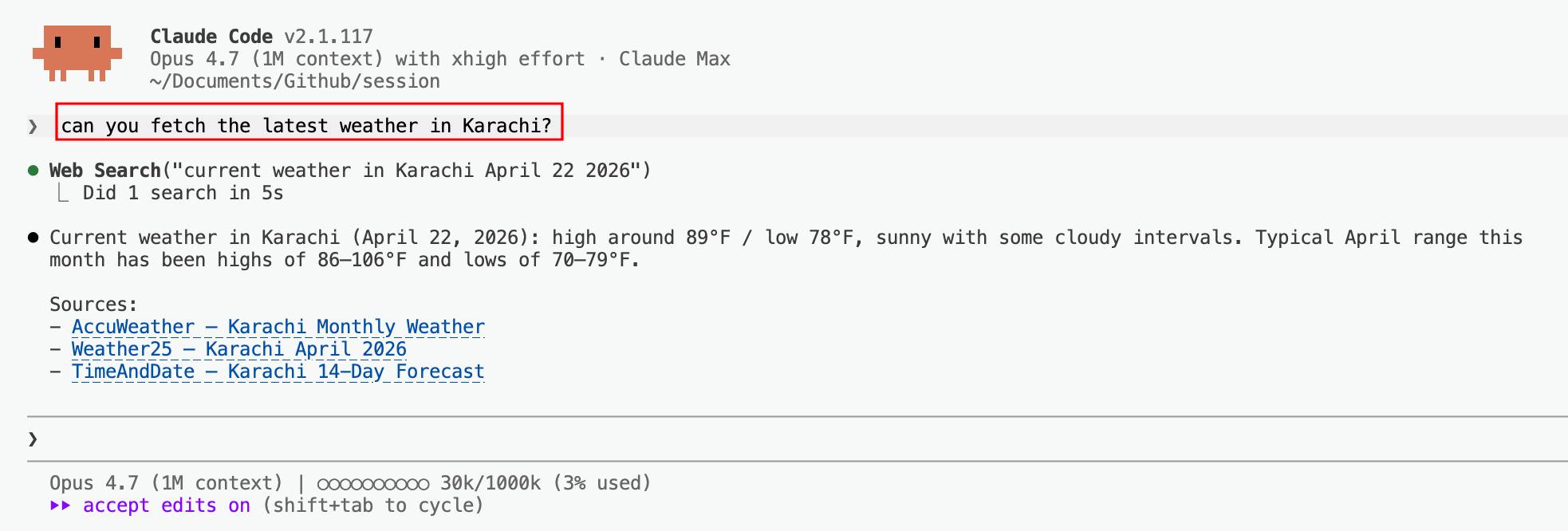 Claude Code using Web Search across AccuWeather, Weather25, and TimeAndDate for weather in Karachi